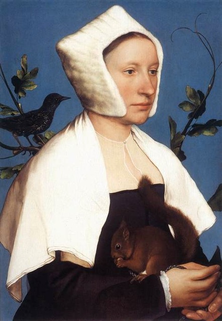 Old Paintings of Birds - Hans Holbein, A Lady with a Squirrel and a Starling, c. 1526-1528