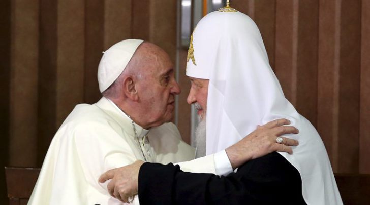 Pope Francis and Russian Orthodox Patriarch Kirill hug each other after signing agreements in Havana