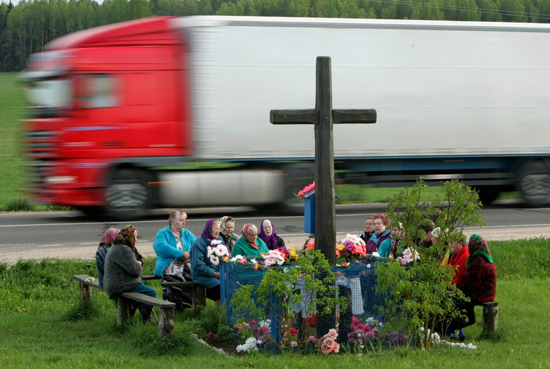 Belarus Village Life - Chruch service by a road